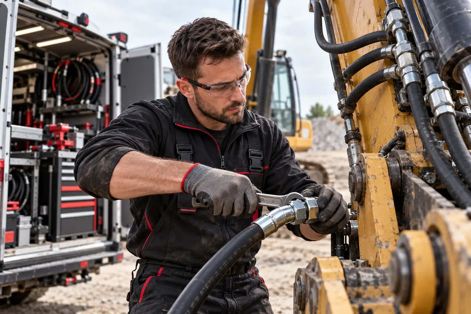 Technicien intervenant sur un flexible hydraulique sur chantier